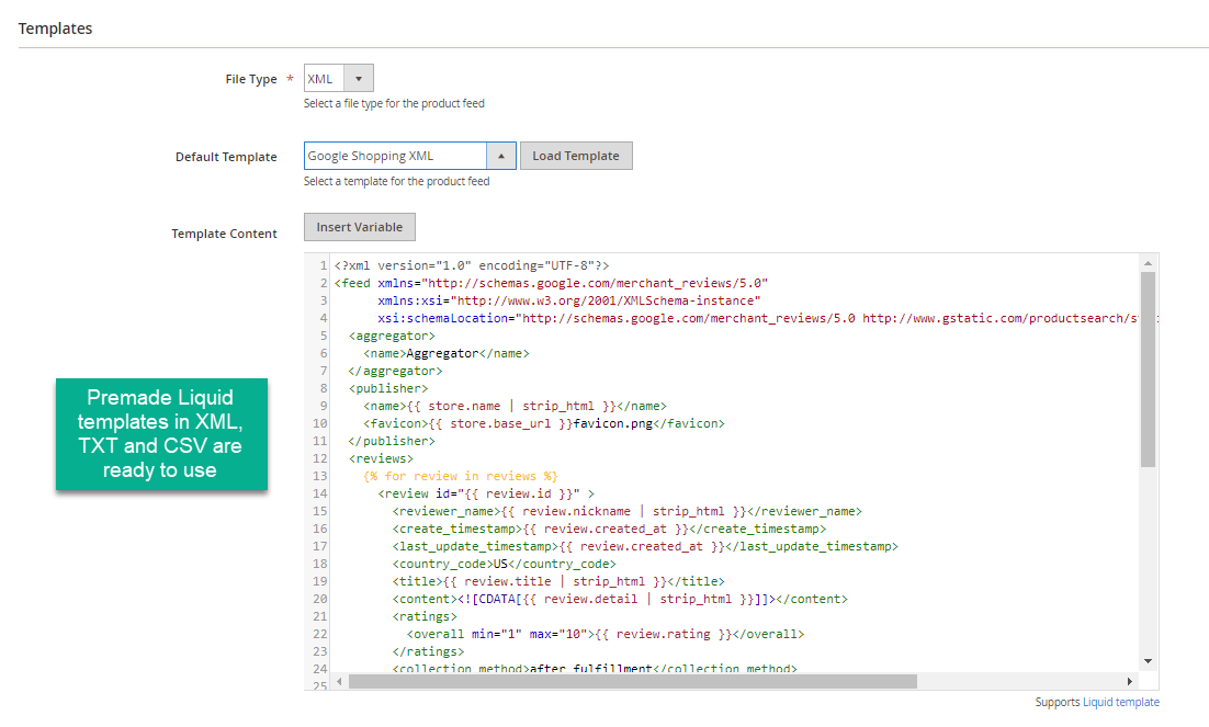 Templates in XML, TXT, CSV