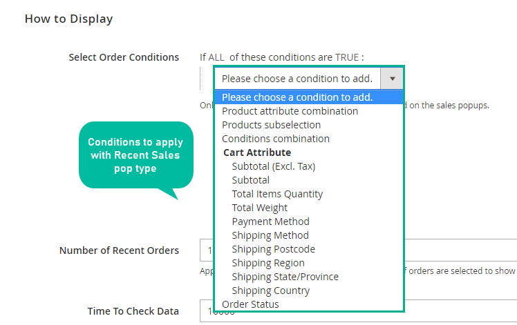 Set conditions for recent sales popup