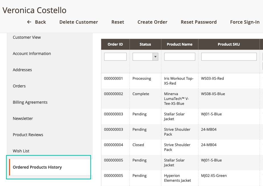 Show all purchased items of a customer