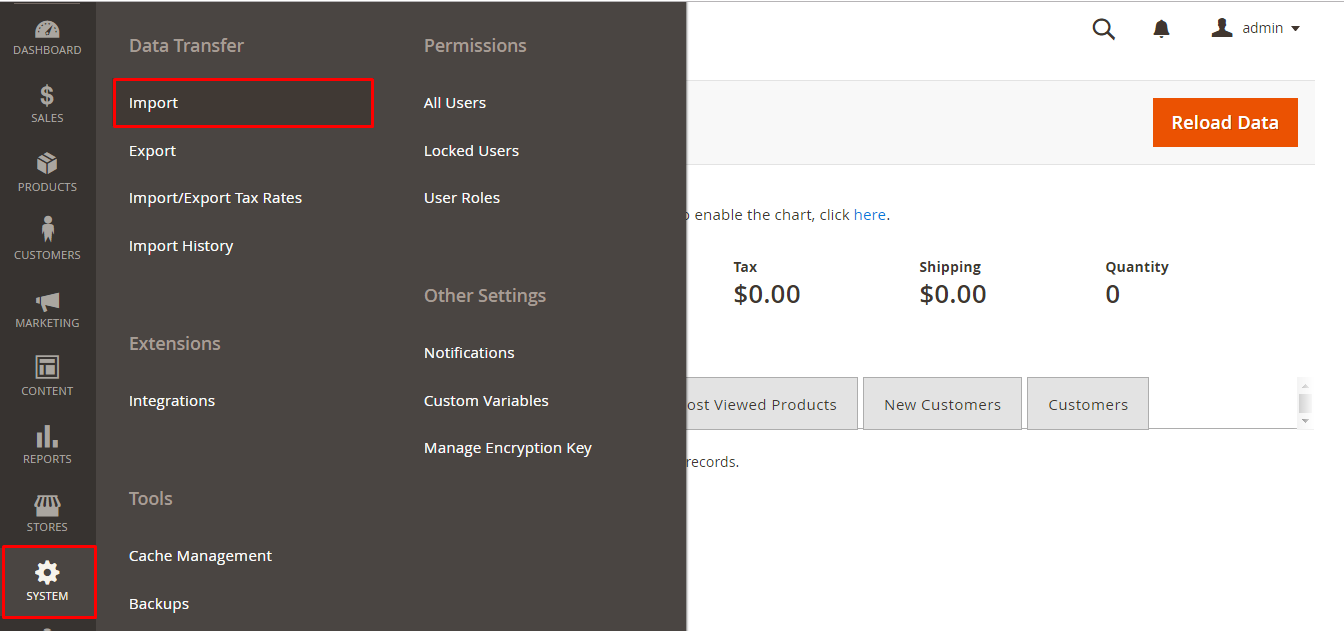 Import tab in Magento backend