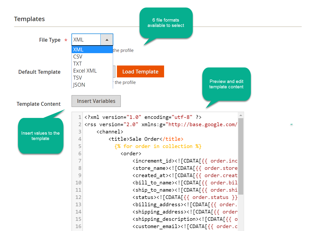 Order Export extension is the variety of supported types